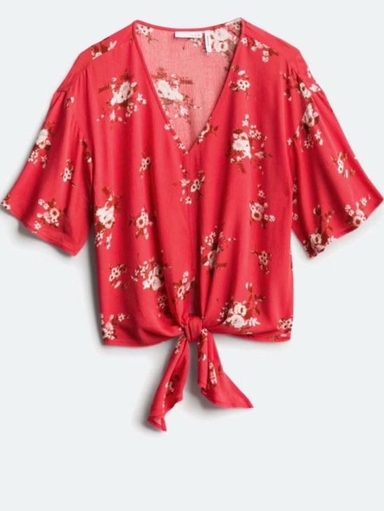 Tops - Floral Tie-Front V-Neck Blouse - Red